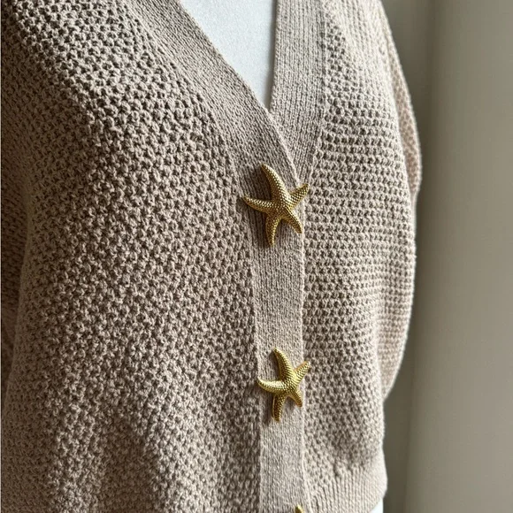 Zara Star Button Knit Women’s Cardigan Short Sleeve Tan Beige Size Medium - Picture 6 of 9